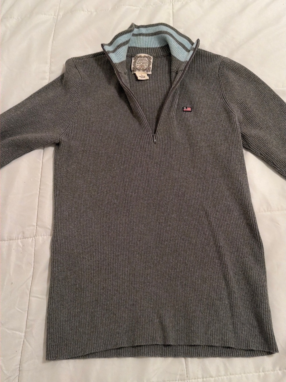 Polo by Ralph Lauren woman’s  Gray Half-Zip Sweater with Light Blue Collar Trim